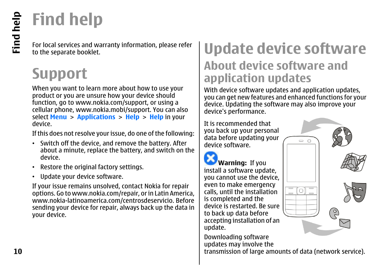 Find help, Support, Update device software | About device software and application updates, Find hel p | Nokia E72 User Manual | Page 10 / 150