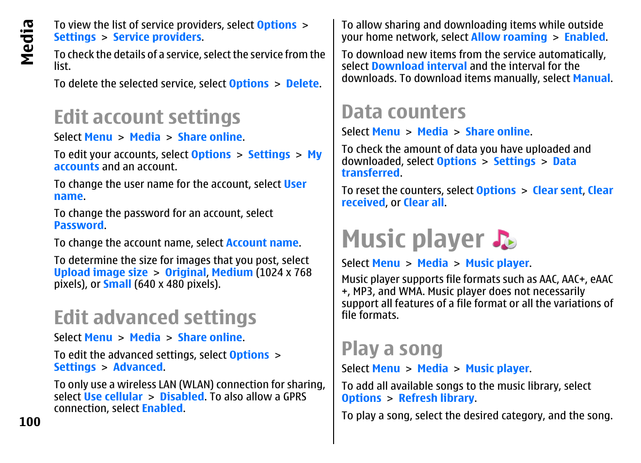 Edit account settings, Edit advanced settings, Data counters | Music player, Play a song, Media | Nokia E72 User Manual | Page 100 / 150