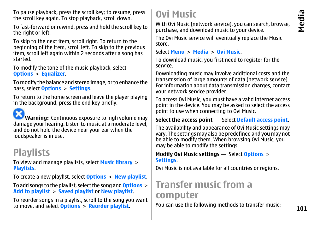 Playlists, Ovi music, Transfer music from a computer | Media | Nokia E72 User Manual | Page 101 / 150