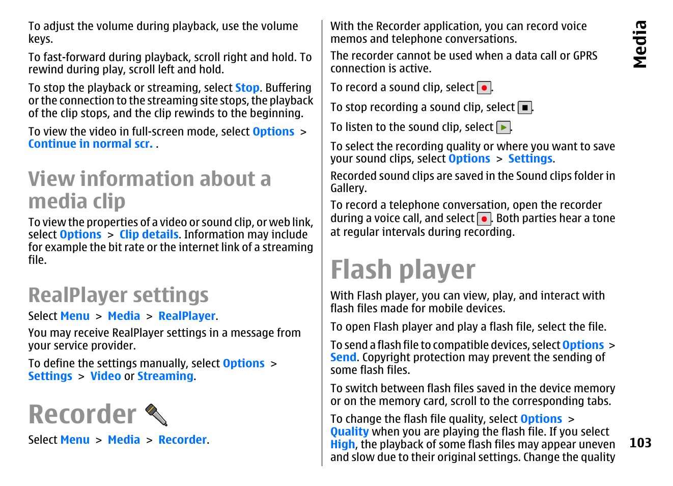 View information about a media clip, Realplayer settings, Recorder | Flash player, Media | Nokia E72 User Manual | Page 103 / 150