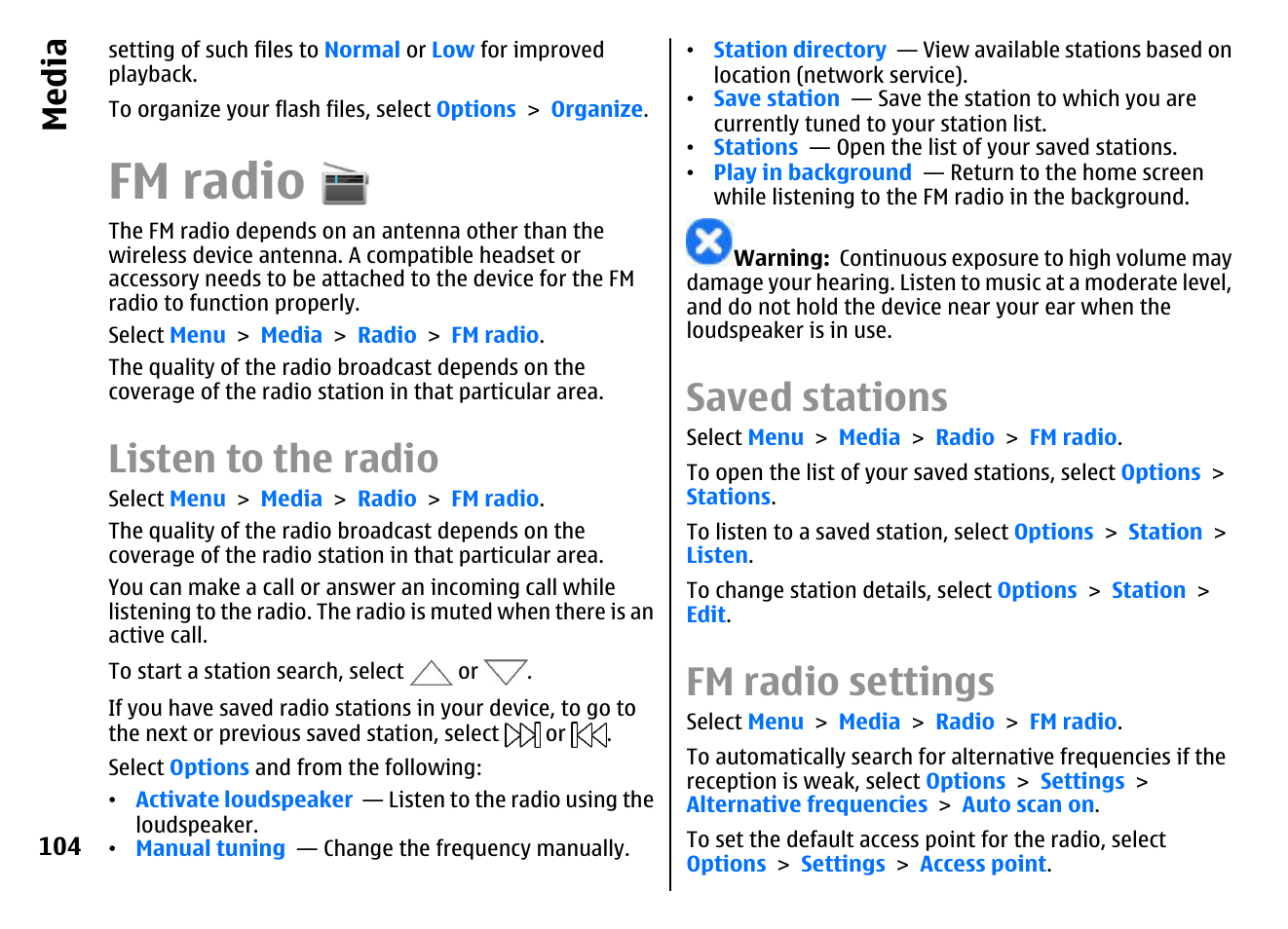 Fm radio, Listen to the radio, Saved stations | Fm radio settings, Media | Nokia E72 User Manual | Page 104 / 150