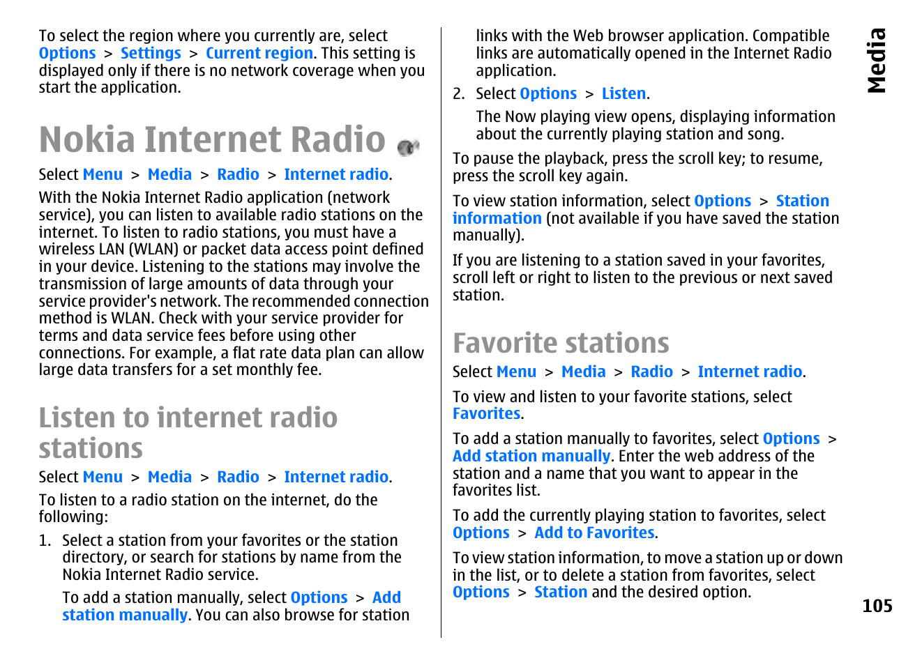Nokia internet radio, Listen to internet radio stations, Favorite stations | Media | Nokia E72 User Manual | Page 105 / 150