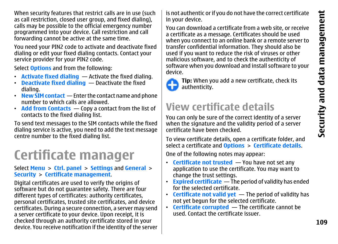 Certificate manager, View certificate details, Sec urity an d data m ana gem ent | Nokia E72 User Manual | Page 109 / 150