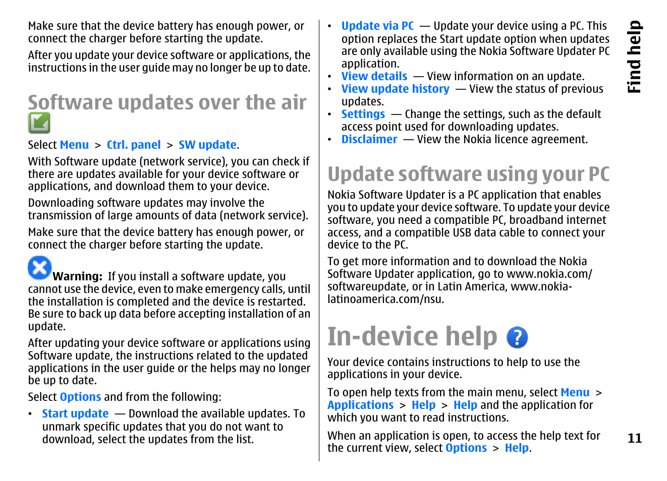 Software updates over the air, Update software using your pc, In-device help | Find hel p | Nokia E72 User Manual | Page 11 / 150