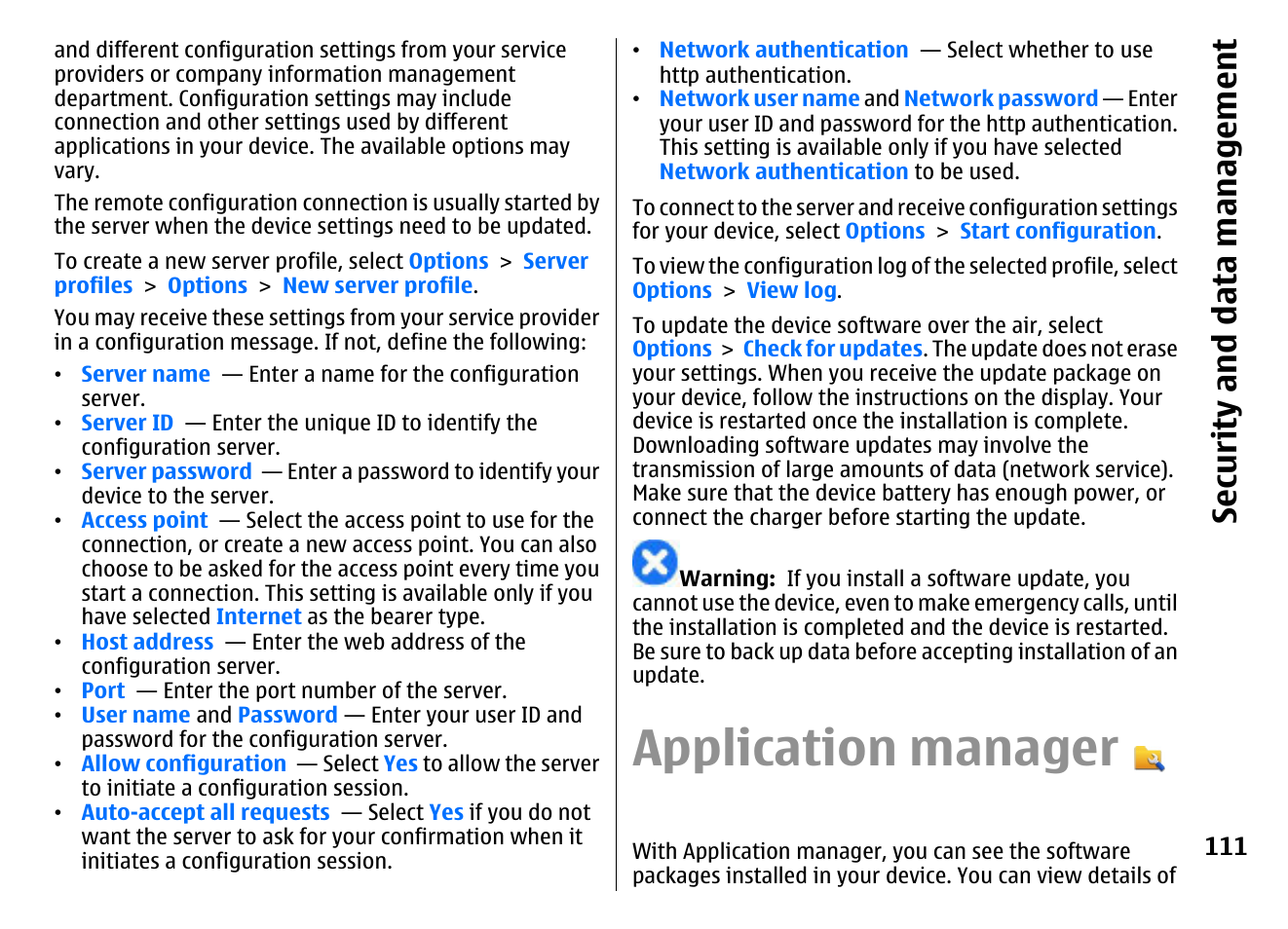 Application manager, Sec urity an d data m ana gem ent | Nokia E72 User Manual | Page 111 / 150