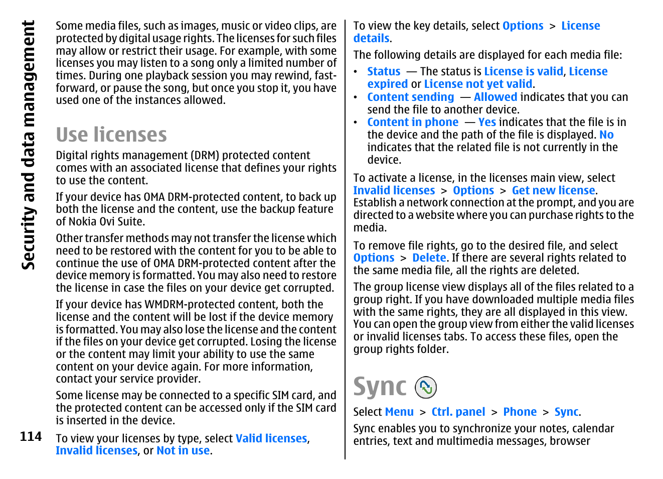 Use licenses, Sync, Sec urity an d data m ana gem ent | Nokia E72 User Manual | Page 114 / 150