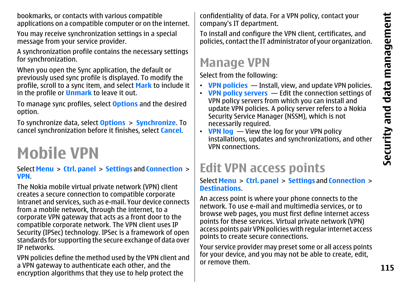 Mobile vpn, Manage vpn, Edit vpn access points | Sec urity an d data m ana gem ent | Nokia E72 User Manual | Page 115 / 150