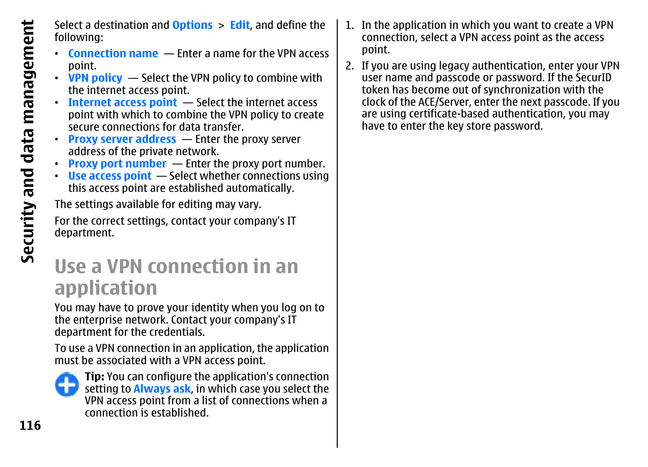 Use a vpn connection in an application, Sec urity an d data m ana gem ent | Nokia E72 User Manual | Page 116 / 150