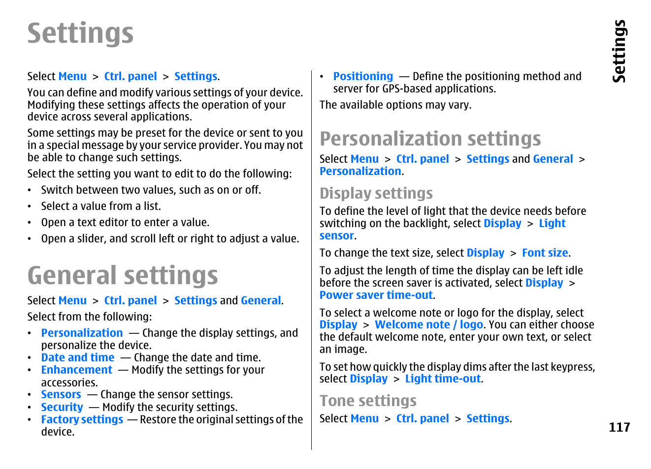 Settings, General settings, Personalization settings | Display settings, Tone settings, Se ttings | Nokia E72 User Manual | Page 117 / 150