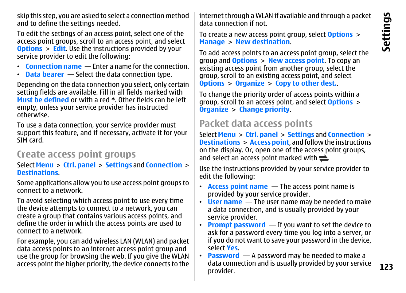 Create access point groups, Packet data access points, Se ttings | Nokia E72 User Manual | Page 123 / 150