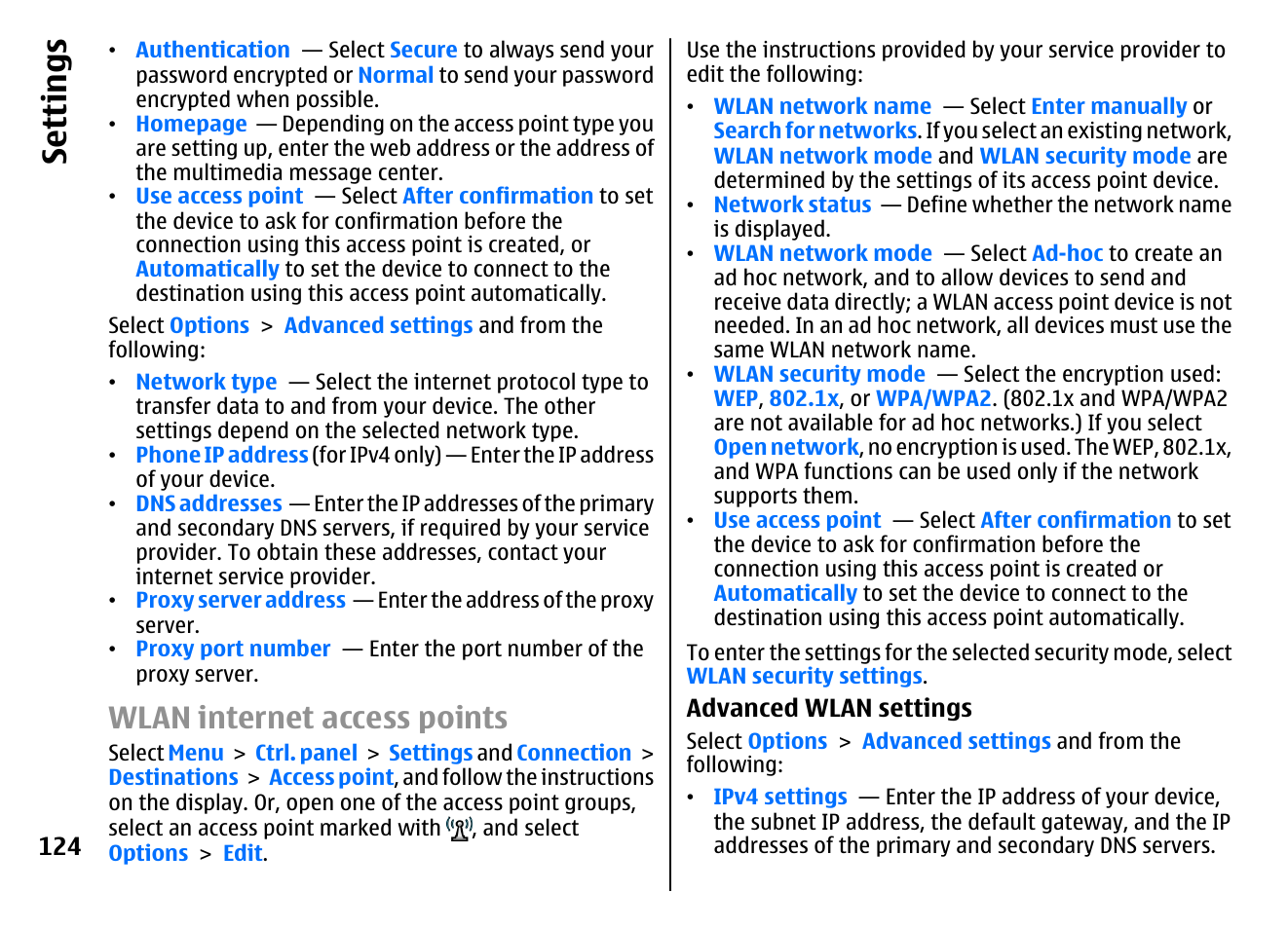 Wlan internet access points, Se ttings | Nokia E72 User Manual | Page 124 / 150