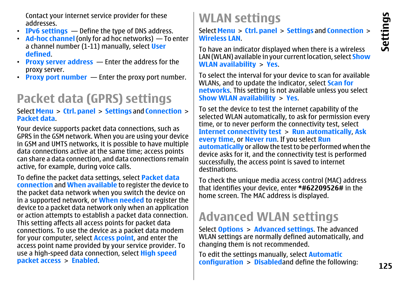 Packet data (gprs) settings, Wlan settings, Advanced wlan settings | Se ttings | Nokia E72 User Manual | Page 125 / 150