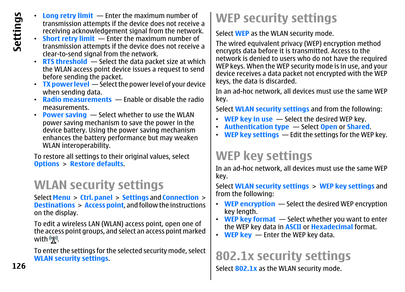 Wlan security settings, Wep security settings, Wep key settings | 1x security settings, Se ttings | Nokia E72 User Manual | Page 126 / 150