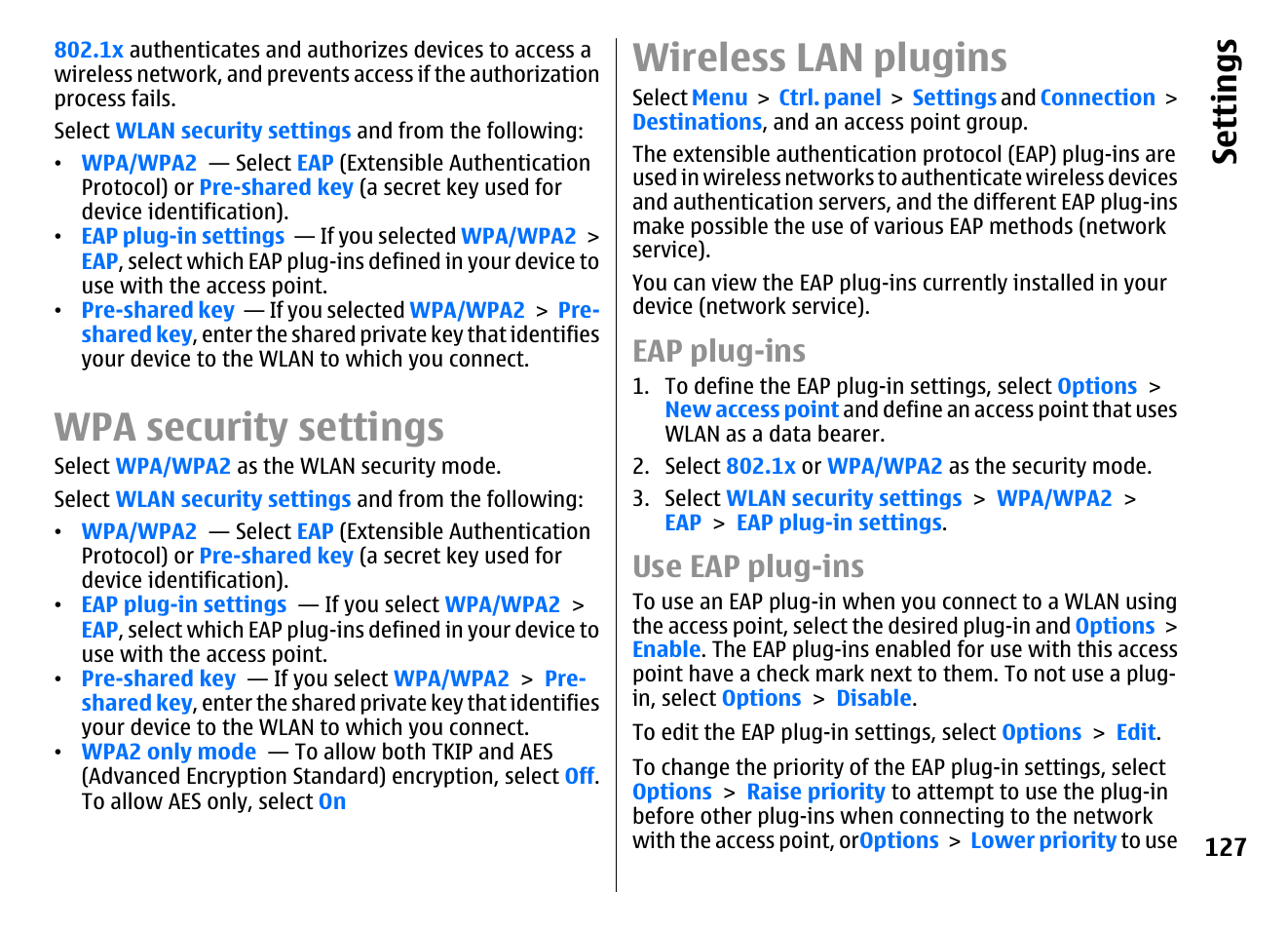 Wpa security settings, Wireless lan plugins, Eap plug-ins | Use eap plug-ins, Se ttings | Nokia E72 User Manual | Page 127 / 150