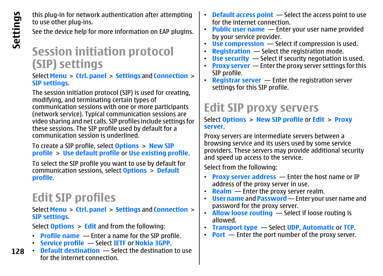 Session initiation protocol (sip) settings, Edit sip profiles, Edit sip proxy servers | Se ttings | Nokia E72 User Manual | Page 128 / 150