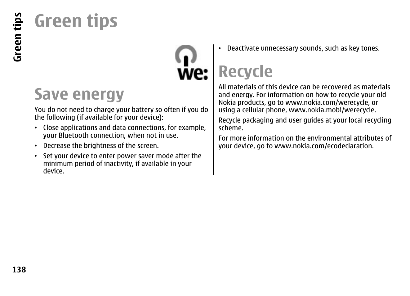 Green tips, Save energy, Recycle | Nokia E72 User Manual | Page 138 / 150