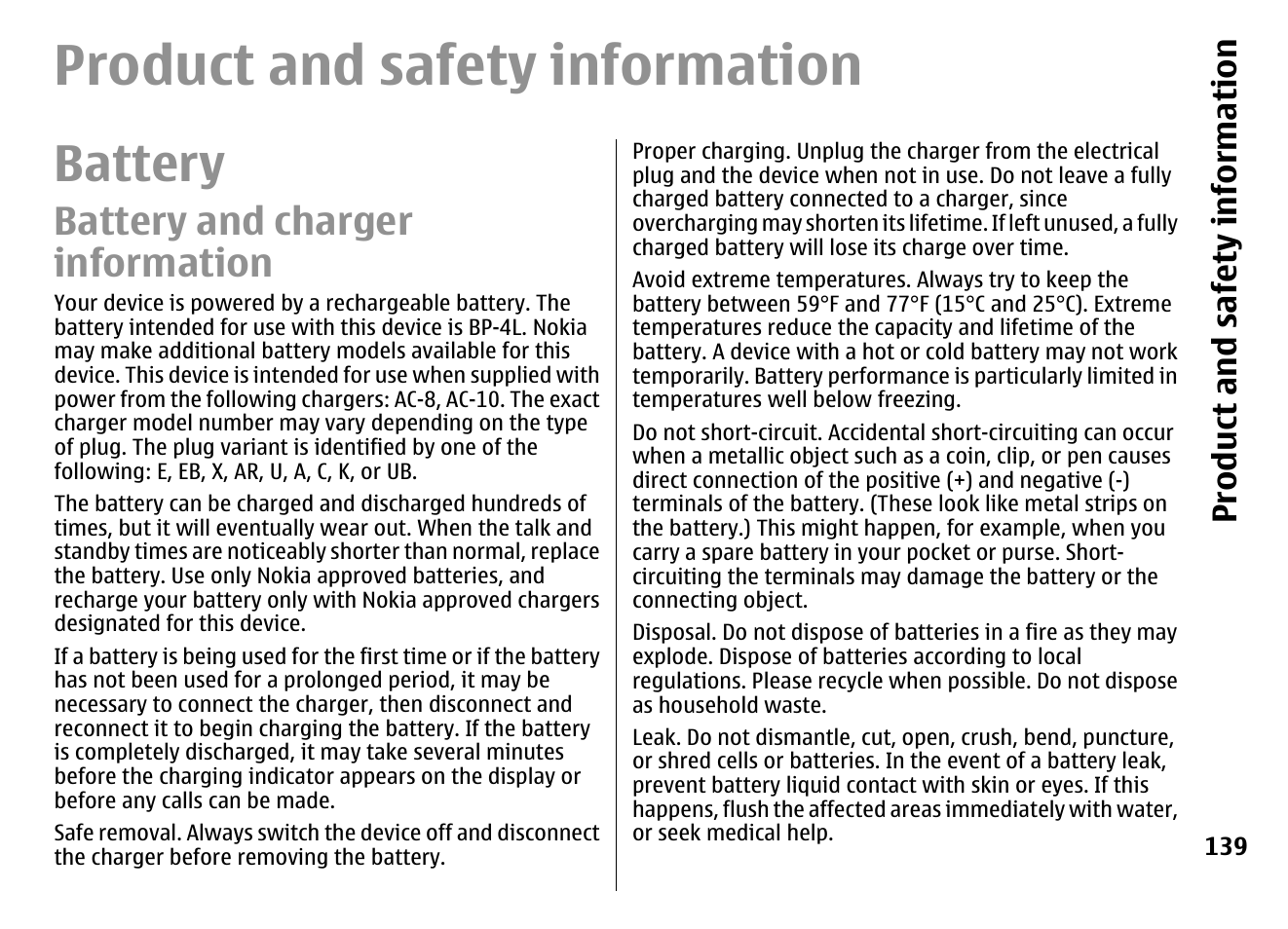 Product and safety information, Battery, Battery and charger information | Nokia E72 User Manual | Page 139 / 150