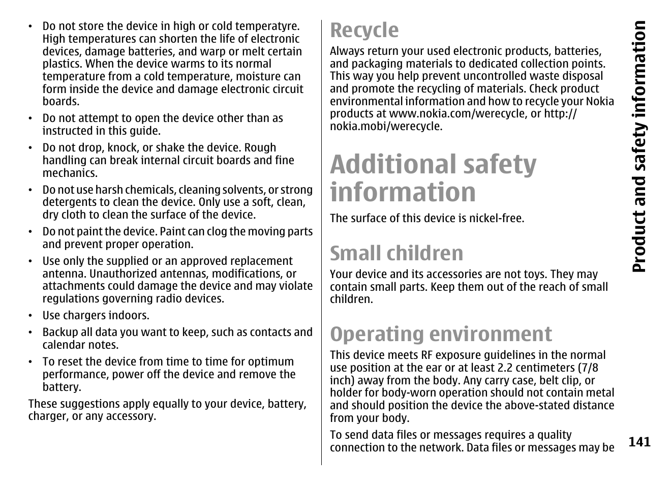 Recycle, Additional safety information, Small children | Operating environment, Product and safety information | Nokia E72 User Manual | Page 141 / 150