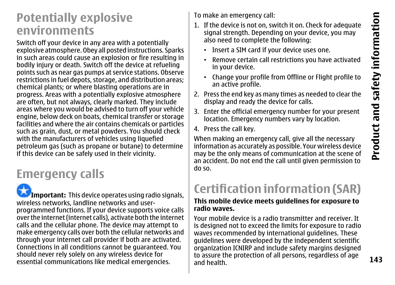 Potentially explosive environments, Emergency calls, Certification information (sar) | Product and safety information | Nokia E72 User Manual | Page 143 / 150