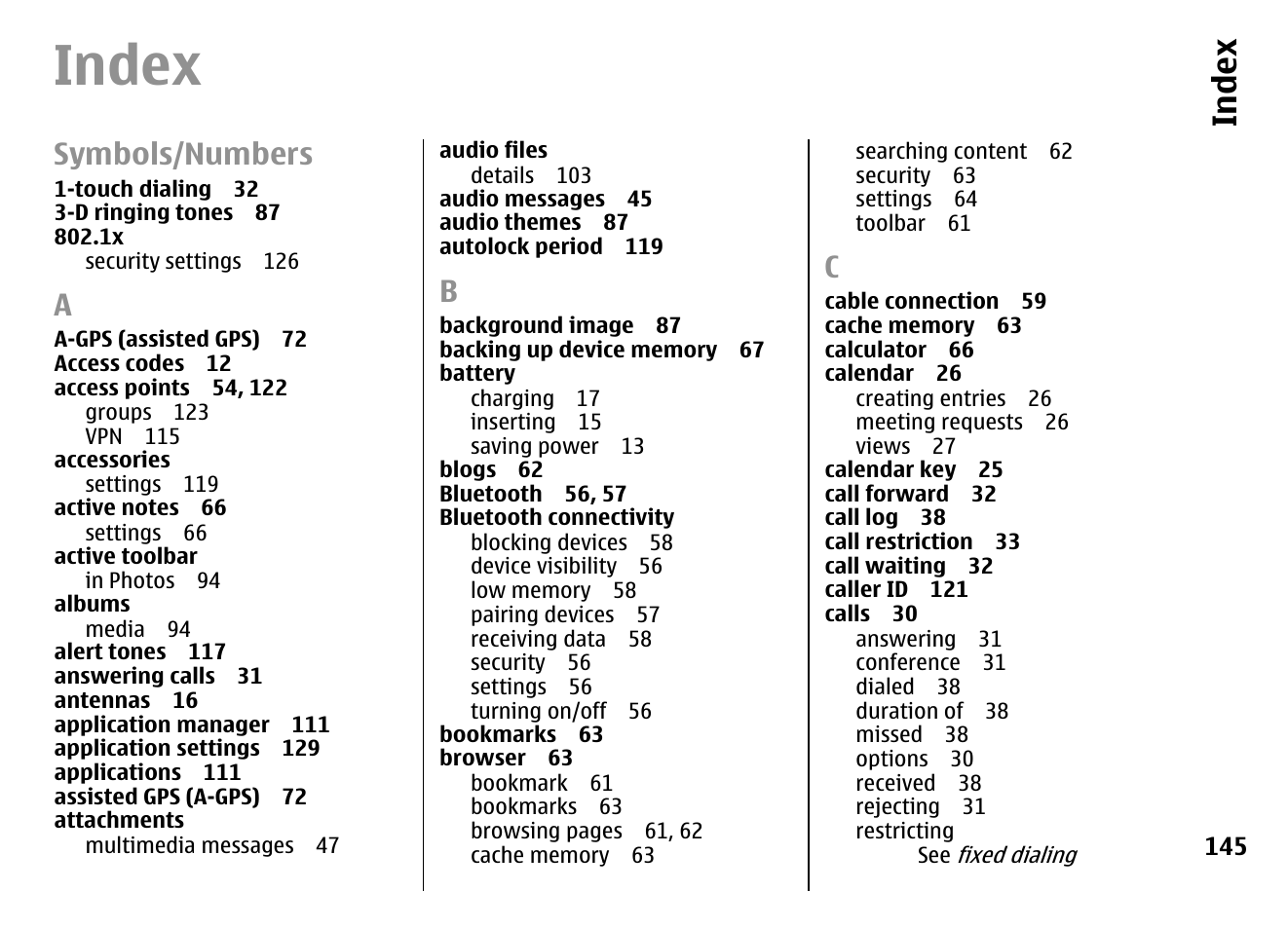 Index, Symbols/numbers | Nokia E72 User Manual | Page 145 / 150