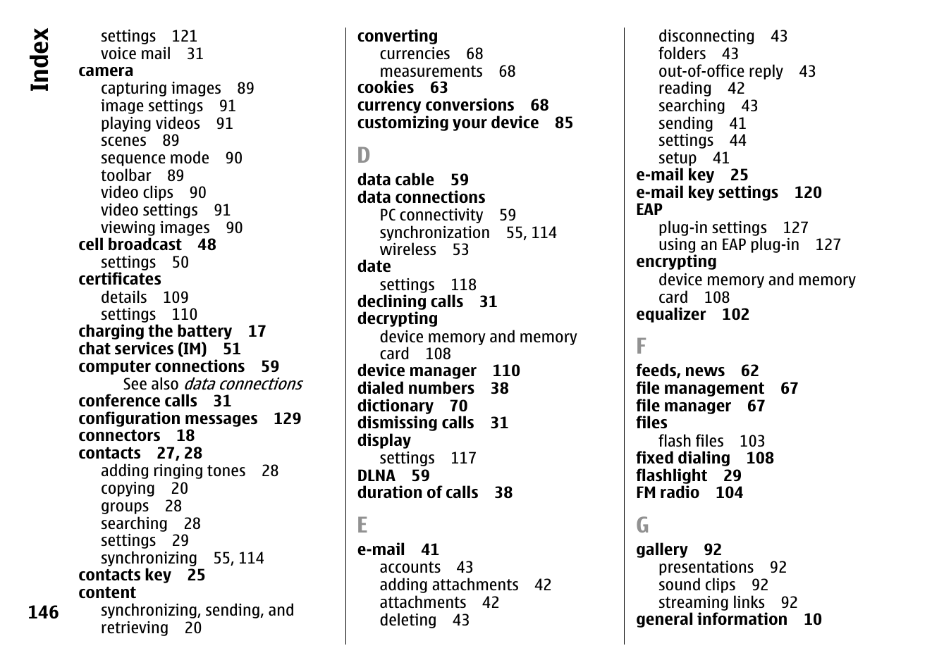 Index | Nokia E72 User Manual | Page 146 / 150