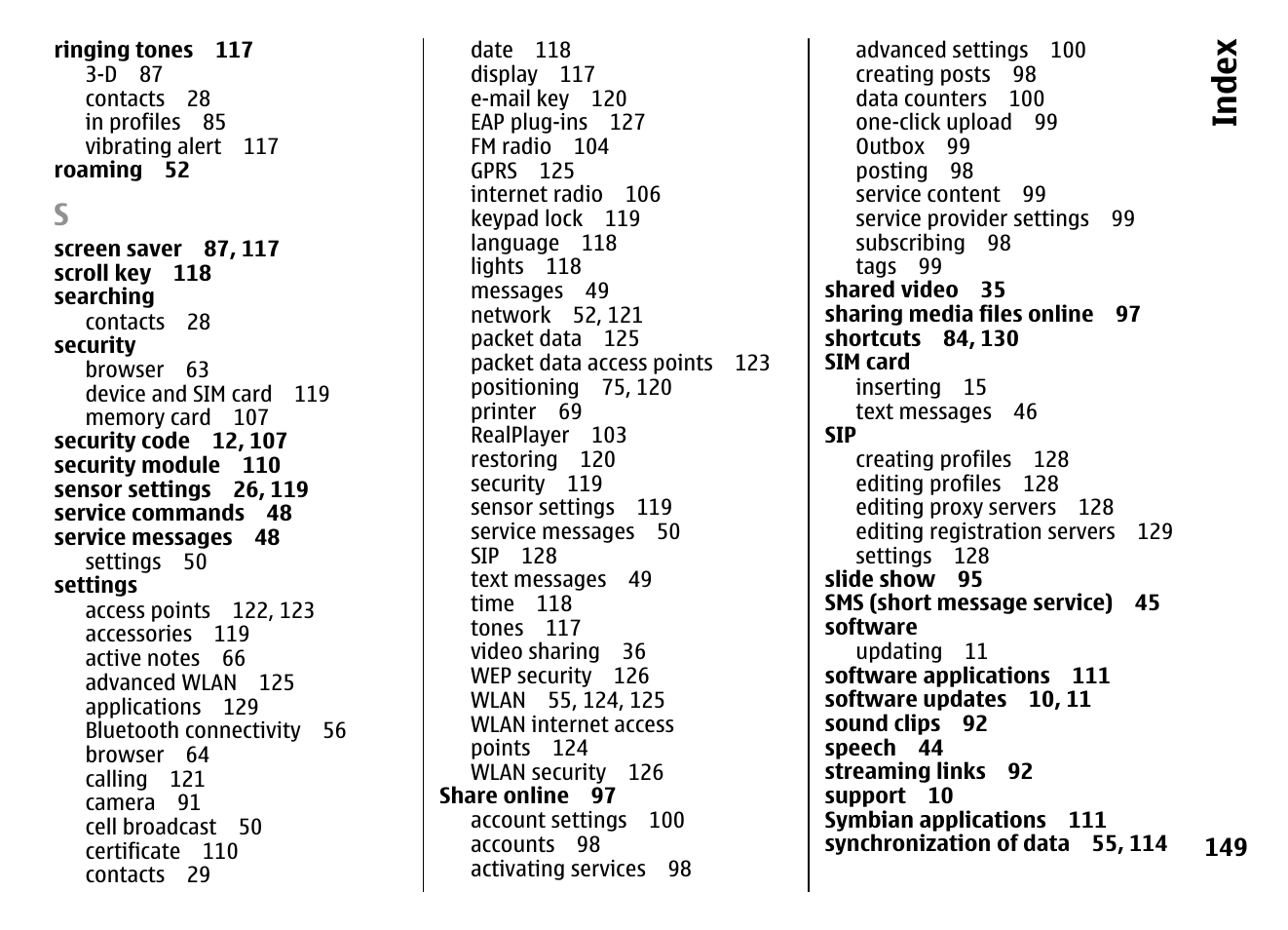 Index | Nokia E72 User Manual | Page 149 / 150