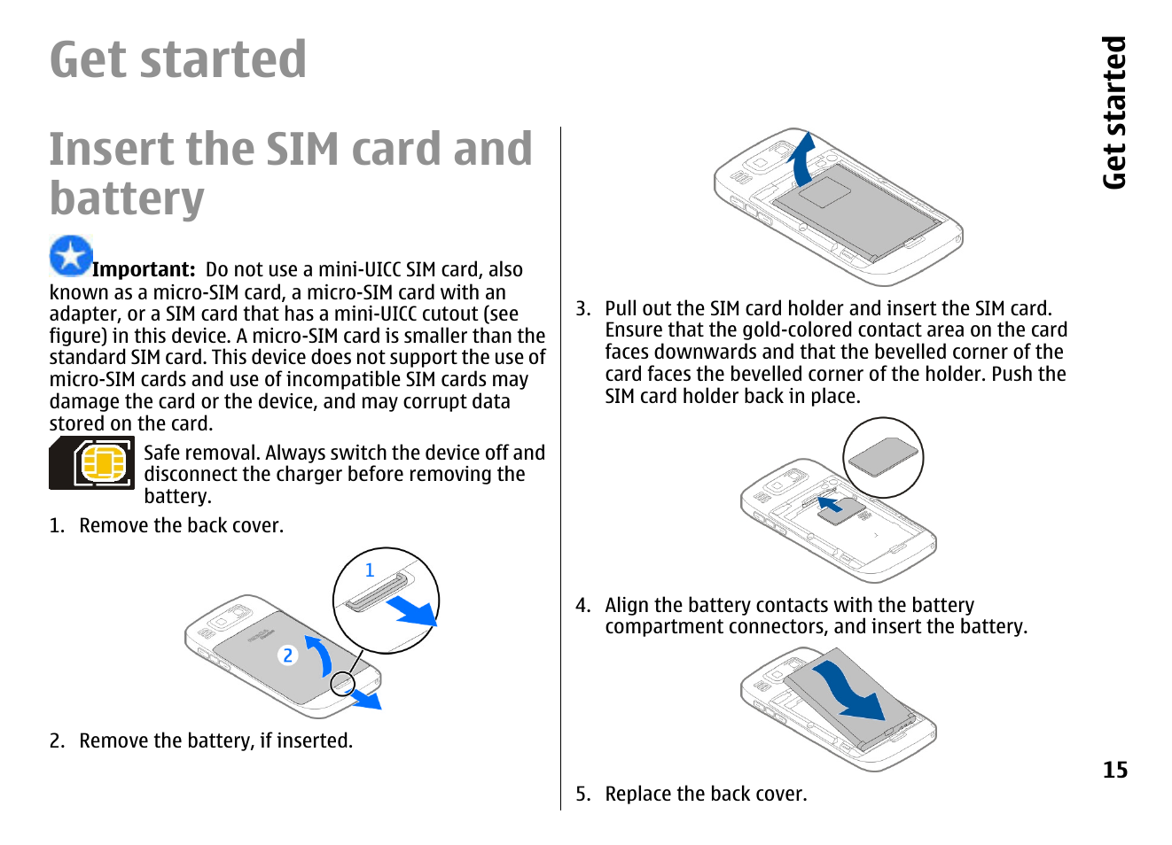 Get started, Insert the sim card and battery | Nokia E72 User Manual | Page 15 / 150