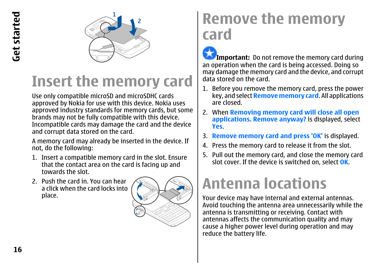 Insert the memory card, Remove the memory card, Antenna locations | Get started | Nokia E72 User Manual | Page 16 / 150