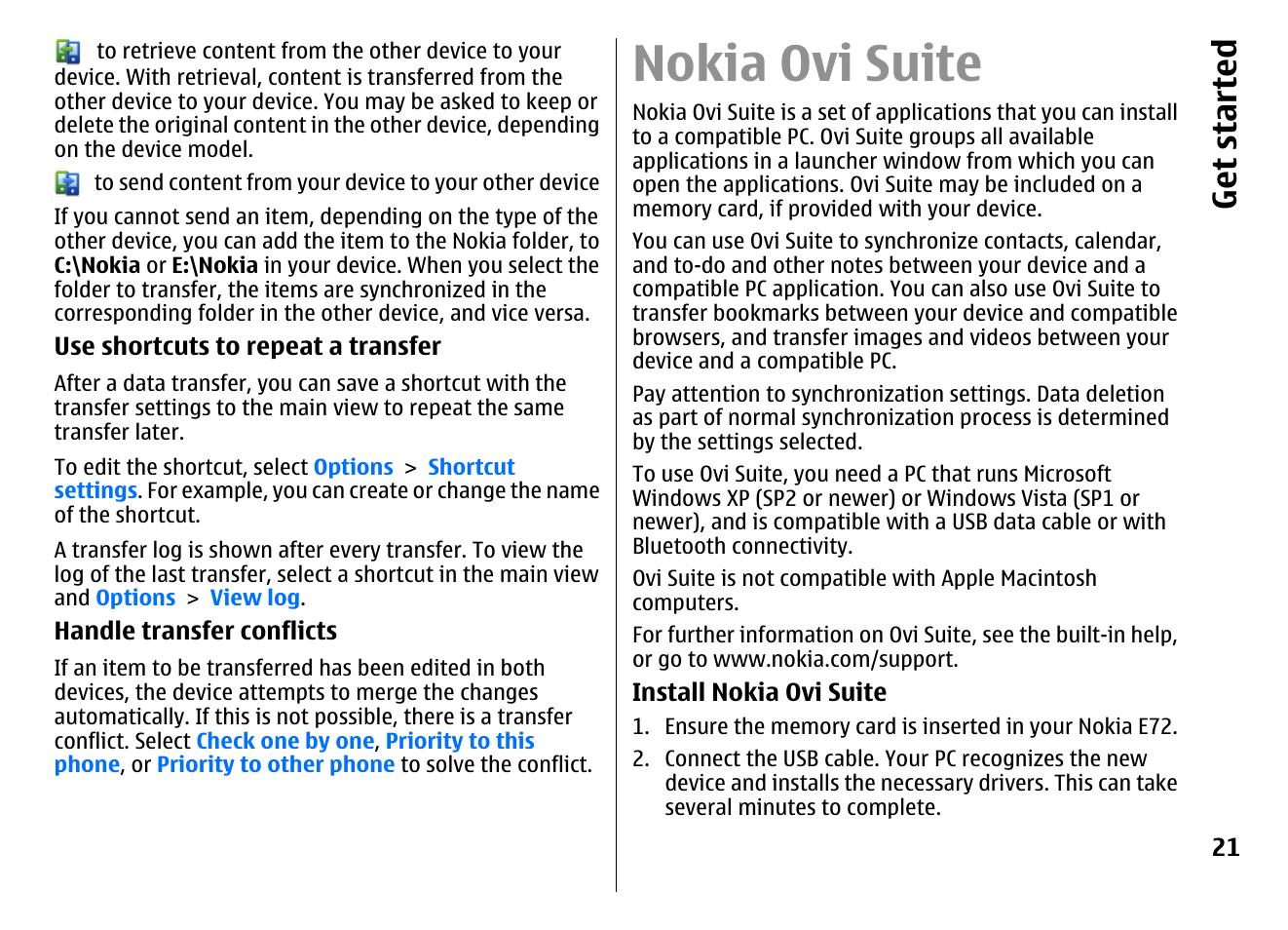 Nokia ovi suite, Get started | Nokia E72 User Manual | Page 21 / 150