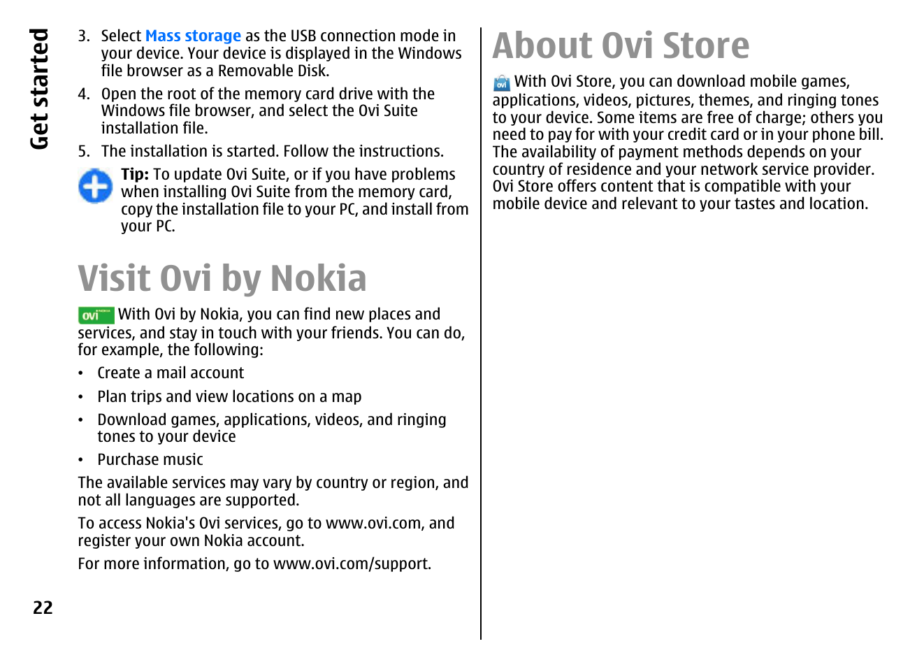 Visit ovi by nokia, About ovi store, Get started | Nokia E72 User Manual | Page 22 / 150