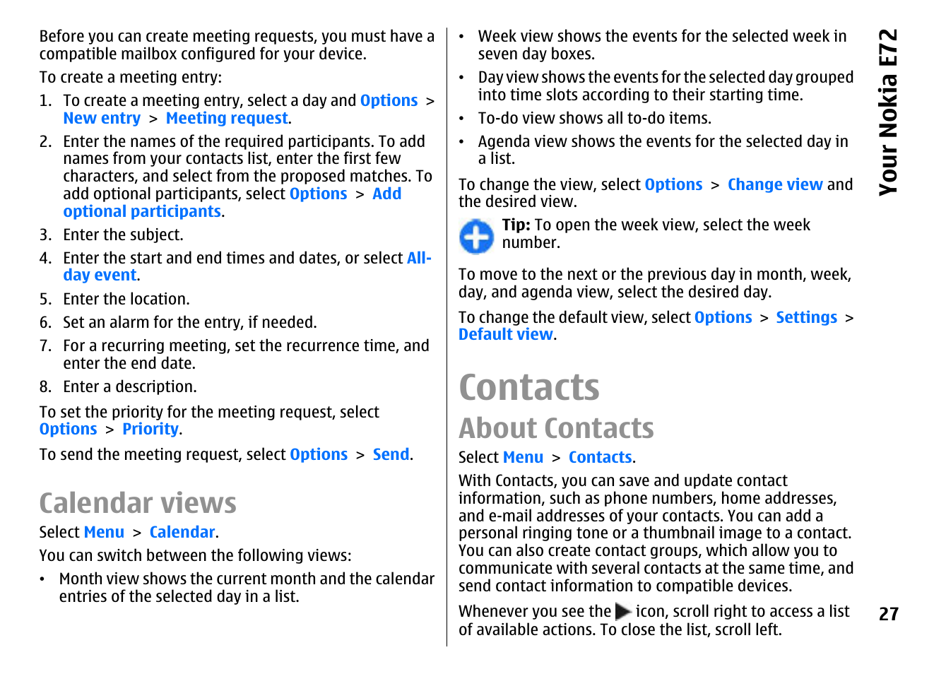 Calendar views, Contacts, About contacts | You r nok ia e 72 | Nokia E72 User Manual | Page 27 / 150