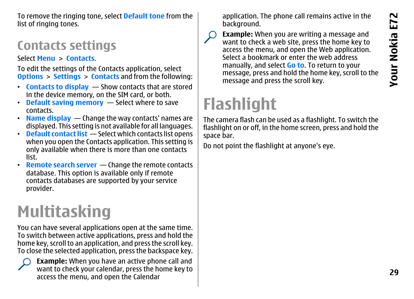 Contacts settings, Multitasking, Flashlight | You r nok ia e 72 | Nokia E72 User Manual | Page 29 / 150