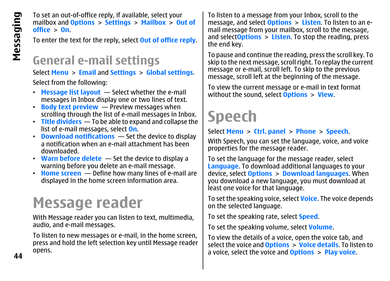 General e-mail settings, Message reader, Speech | Messaging | Nokia E72 User Manual | Page 44 / 150