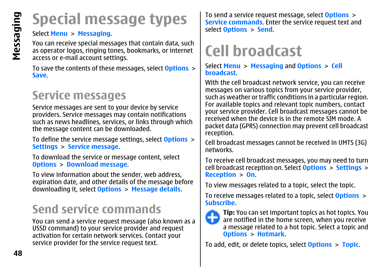 Special message types, Service messages, Send service commands | Cell broadcast, Messaging | Nokia E72 User Manual | Page 48 / 150