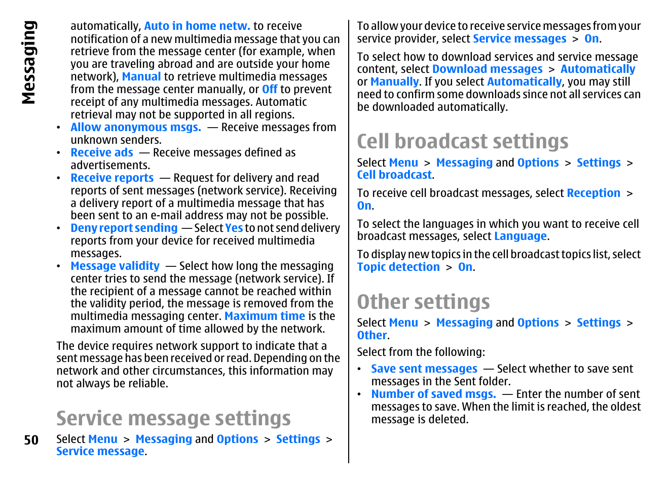 Service message settings, Cell broadcast settings, Other settings | Messaging | Nokia E72 User Manual | Page 50 / 150