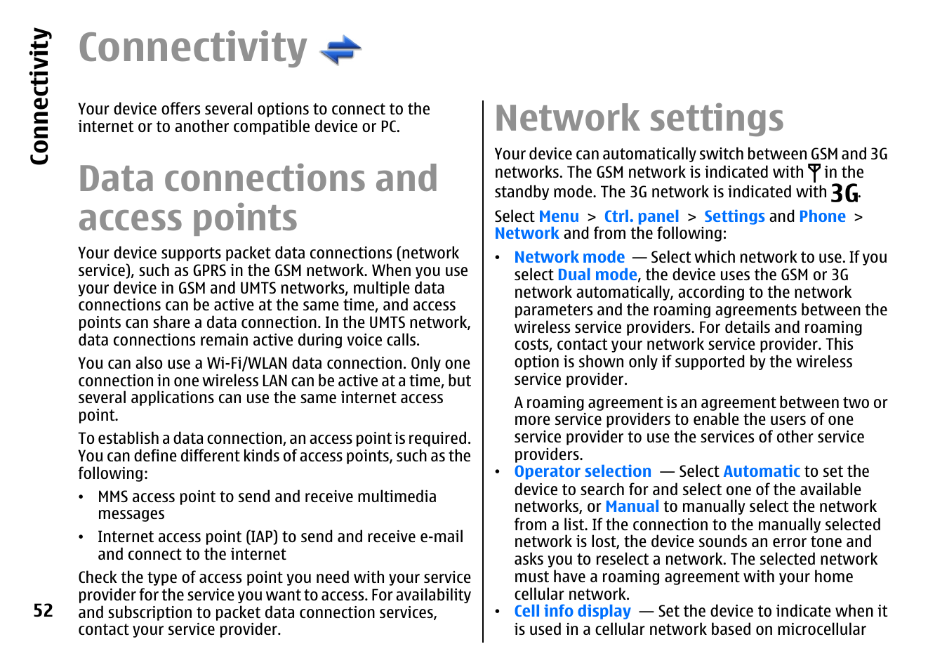 Connectivity, Data connections and access points, Network settings | Co nnect ivi ty | Nokia E72 User Manual | Page 52 / 150