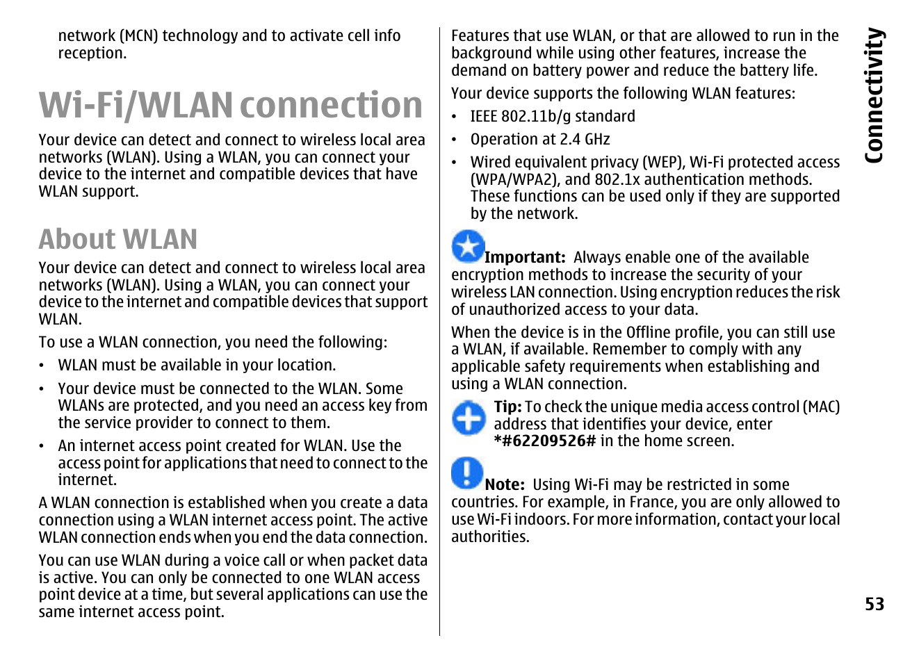 Wi-fi/wlan connection, About wlan, Co nnect ivi ty | Nokia E72 User Manual | Page 53 / 150