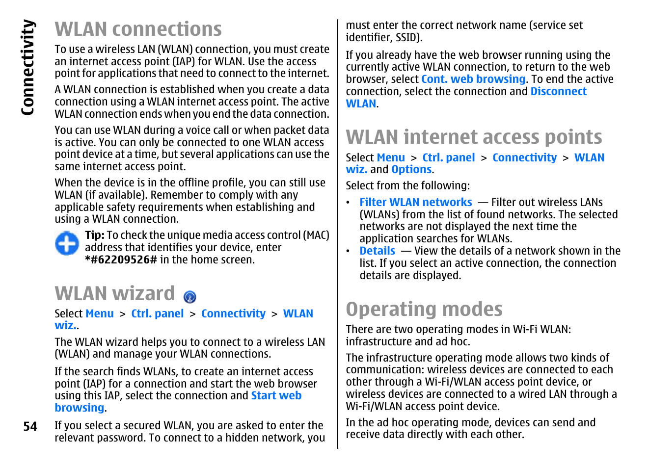 Wlan connections, Wlan wizard, Wlan internet access points | Operating modes, Co nnect ivi ty | Nokia E72 User Manual | Page 54 / 150