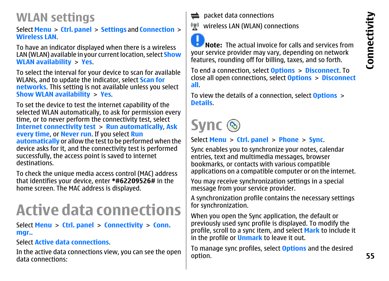 Wlan settings, Active data connections, Sync | Co nnect ivi ty | Nokia E72 User Manual | Page 55 / 150