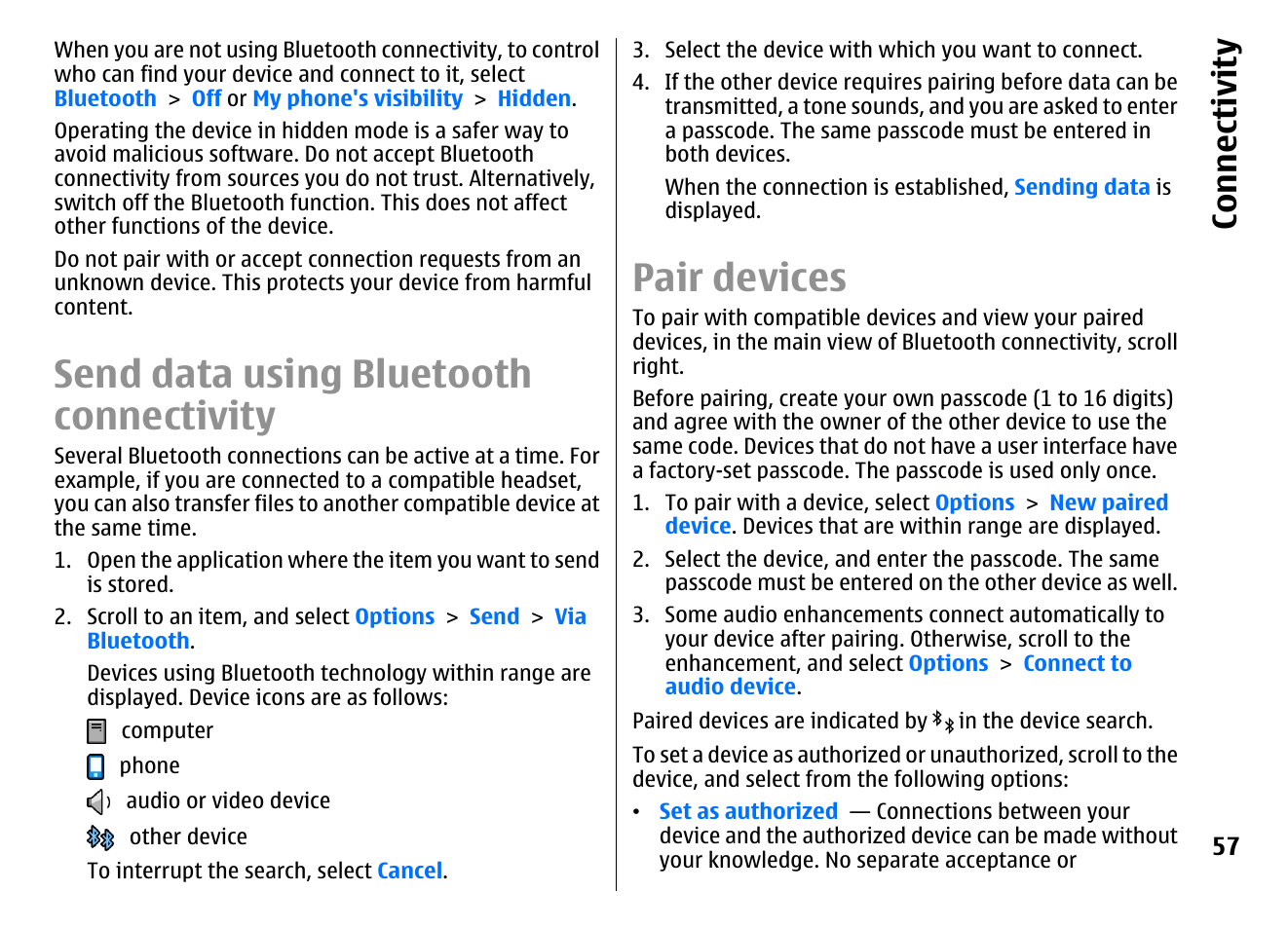 Send data using bluetooth connectivity, Pair devices, Co nnect ivi ty | Nokia E72 User Manual | Page 57 / 150