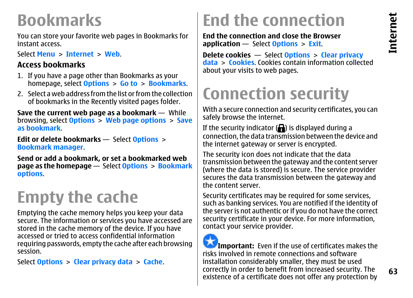 Bookmarks, Empty the cache, End the connection | Connection security, Internet | Nokia E72 User Manual | Page 63 / 150