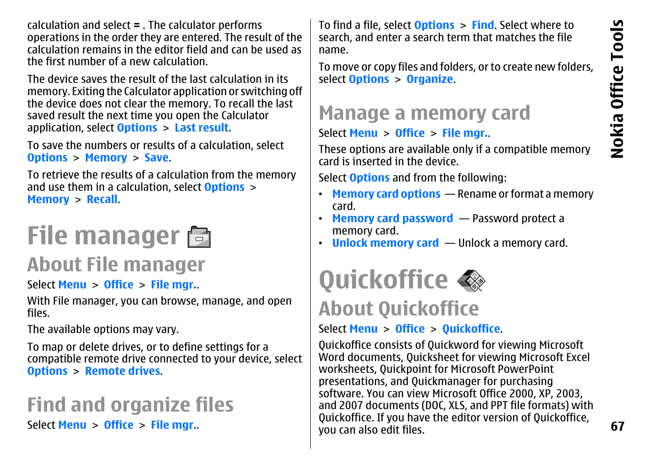 File manager, About file manager, Find and organize files | Manage a memory card, Quickoffice, About quickoffice, Nokia office tools | Nokia E72 User Manual | Page 67 / 150