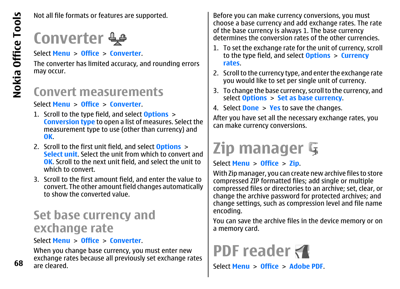 Converter, Convert measurements, Set base currency and exchange rate | Zip manager, Pdf reader, Nokia office tools | Nokia E72 User Manual | Page 68 / 150