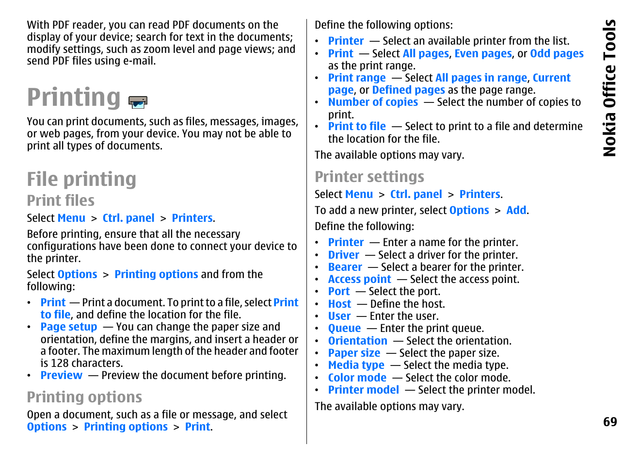 Printing, File printing, Print files | Printing options, Printer settings, Nokia office tools | Nokia E72 User Manual | Page 69 / 150