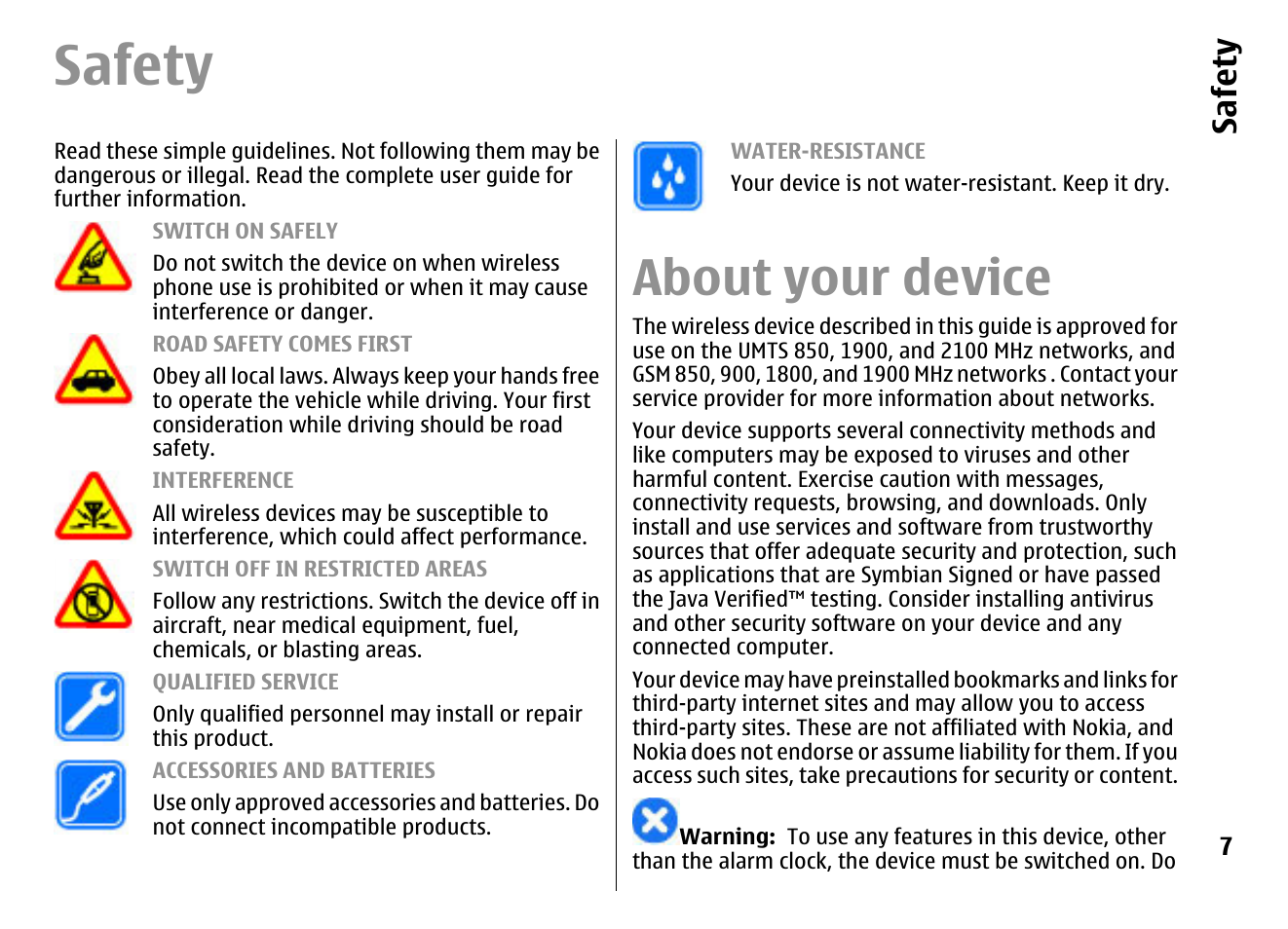 Safety, About your device, Safet y | Nokia E72 User Manual | Page 7 / 150