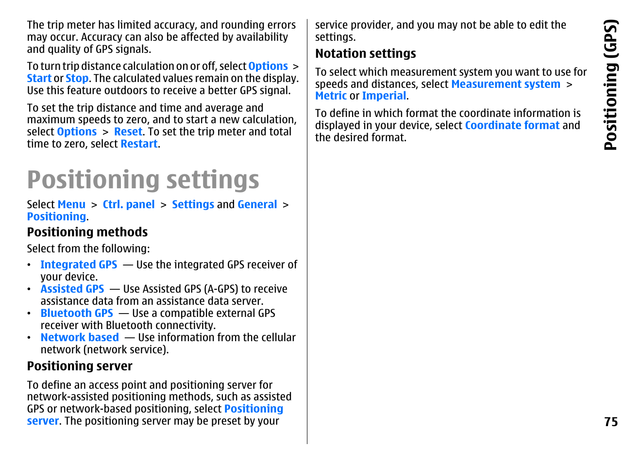 Positioning settings, Positioning (gps) | Nokia E72 User Manual | Page 75 / 150