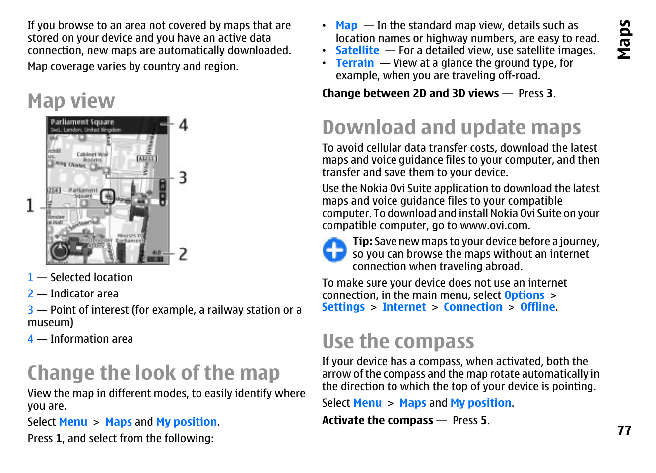 Map view, Change the look of the map, Download and update maps | Use the compass, Maps | Nokia E72 User Manual | Page 77 / 150