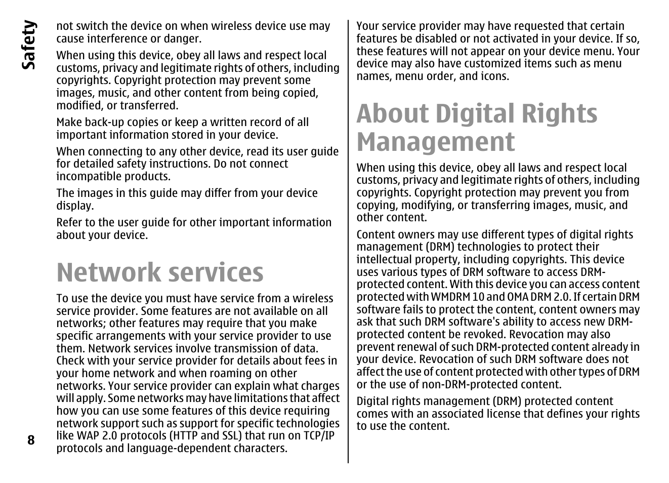 Network services, About digital rights management, Safet y | Nokia E72 User Manual | Page 8 / 150