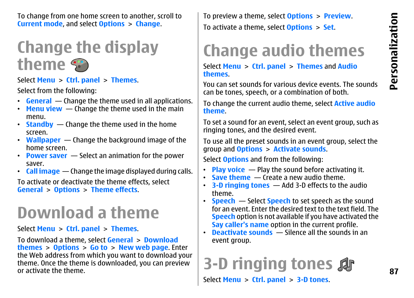 Change the display theme, Download a theme, Change audio themes | D ringing tones, Personalization | Nokia E72 User Manual | Page 87 / 150