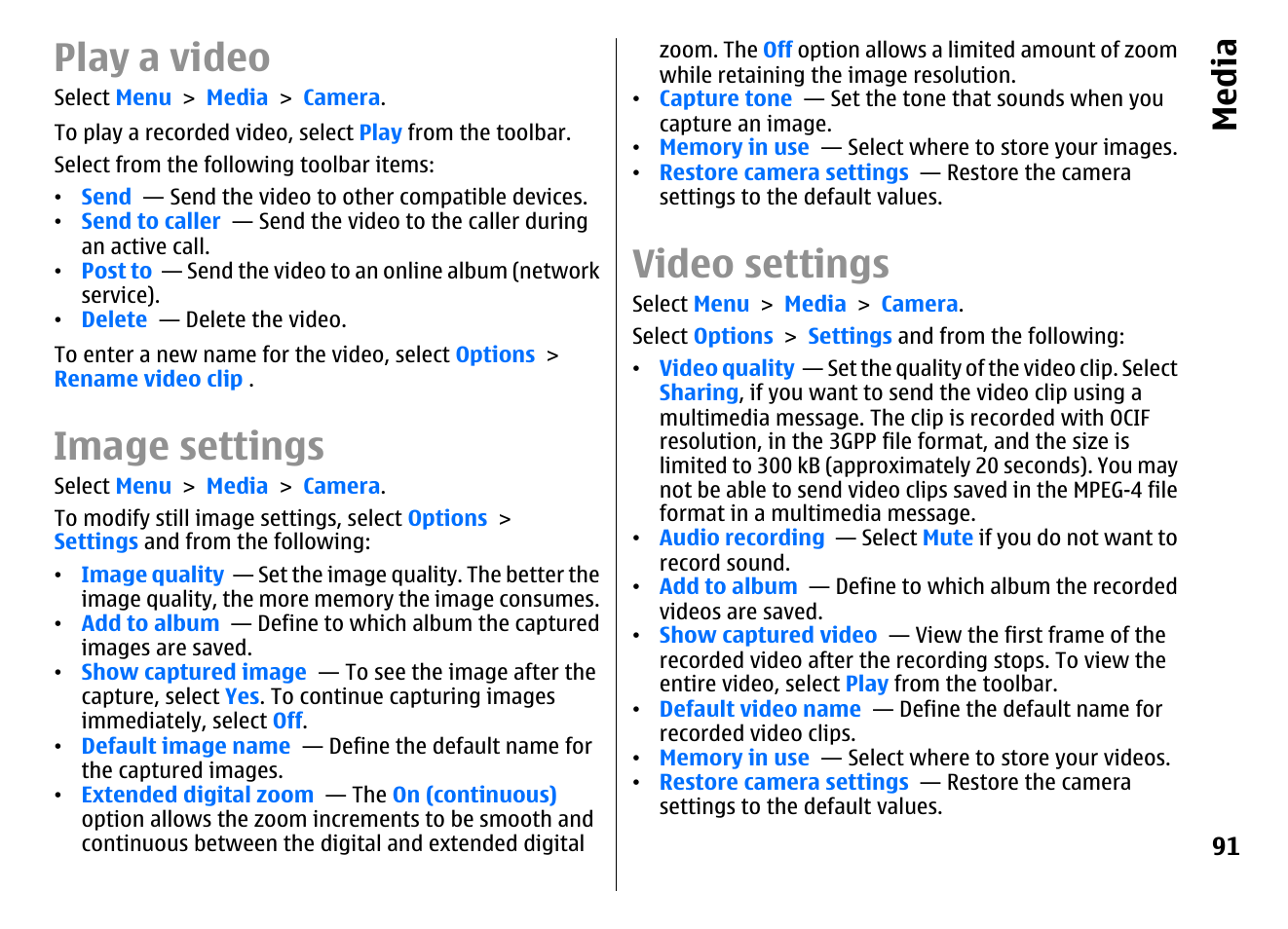 Play a video, Image settings, Video settings | Media | Nokia E72 User Manual | Page 91 / 150